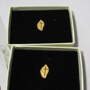 Lot of 2 Gold-tone Religious Cross Emblem  Mission Pins in box